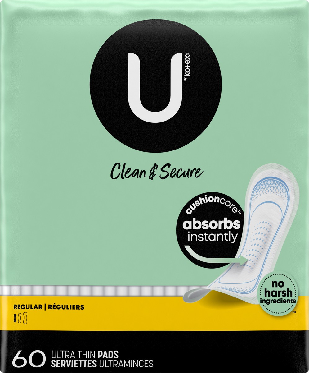 slide 4 of 9, U by Kotex Clean & Secure Ultra Thin Pads, Regular Absorbency, 60 Count, 60 ct