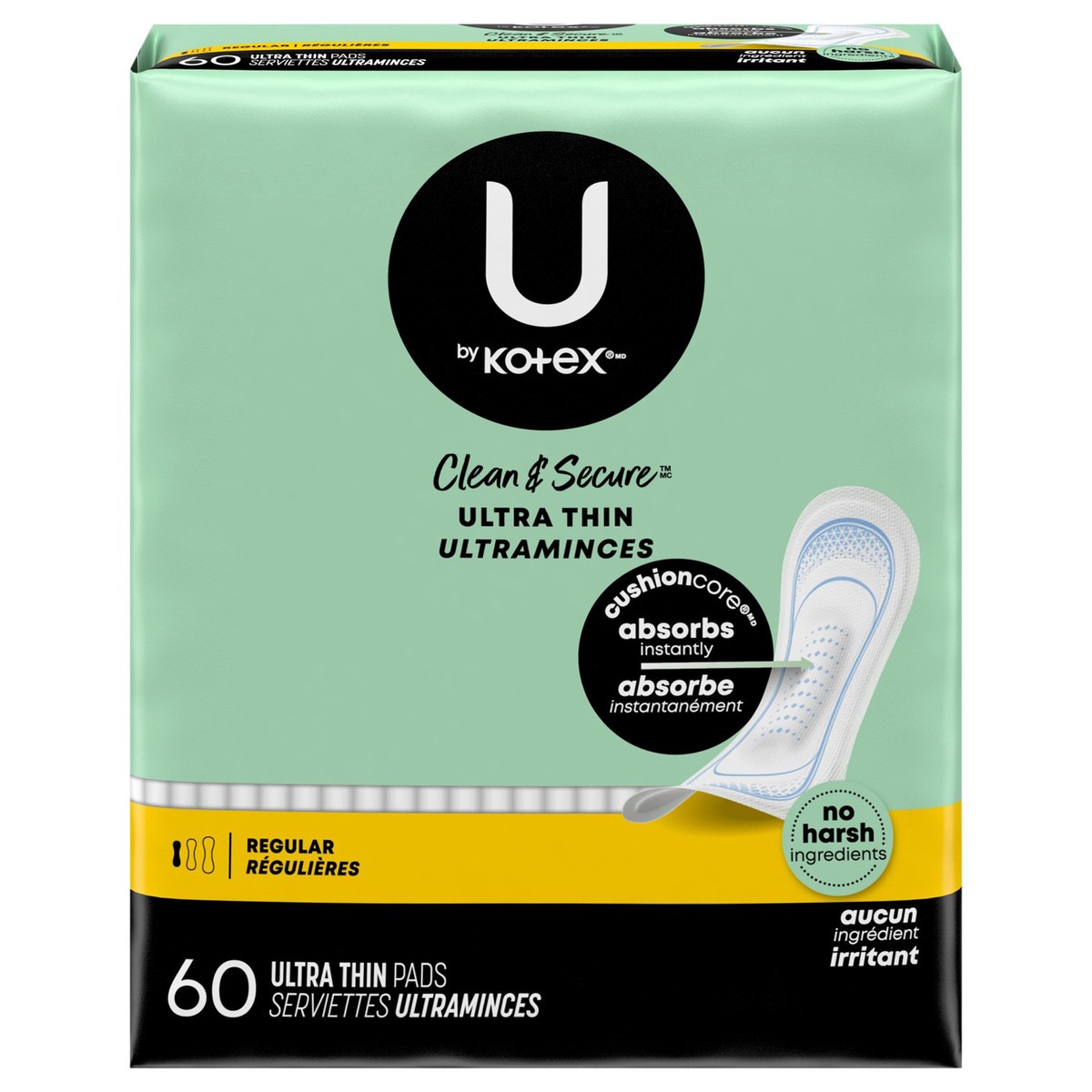 slide 1 of 9, U by Kotex Clean & Secure Ultra Thin Pads, Regular Absorbency, 60 Count, 60 ct
