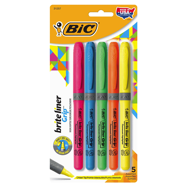 slide 1 of 1, BIC Brite Liner Grip Highlighter, Chisel Tip, Assorted Colors, 5 ct