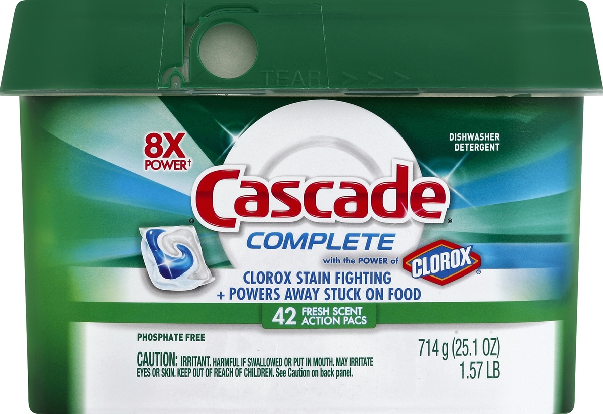 slide 1 of 1, Cascade with Clorox Fresh Scent Dishwasher Detergent ActionPacs, 42 ct