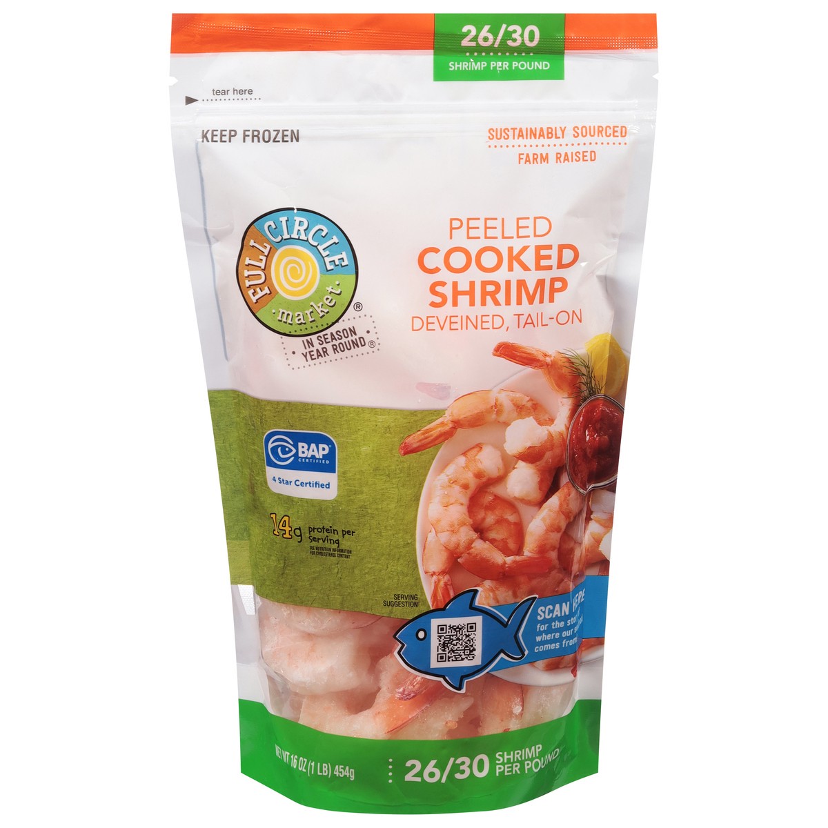 slide 1 of 14, Full Circle Market Tail-On Deveined Peeled Cooked Shrimp 16 oz, 16 oz