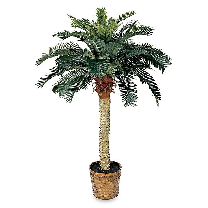 slide 1 of 1, Nearly Natural Sago Palm Silk Tree - Green with Wicker Pot, 4 ft