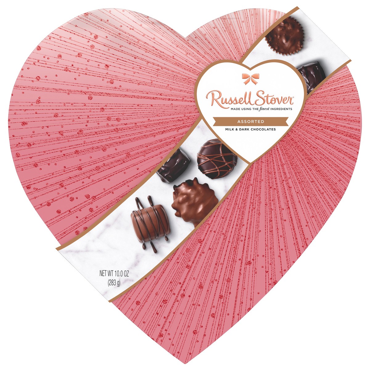 slide 1 of 11, RUSSELL STOVER Valentine's Day Rose Gold Assorted Milk & Dark Chocolates Heart Gift Box, 10 oz. (17 pieces), 10 oz