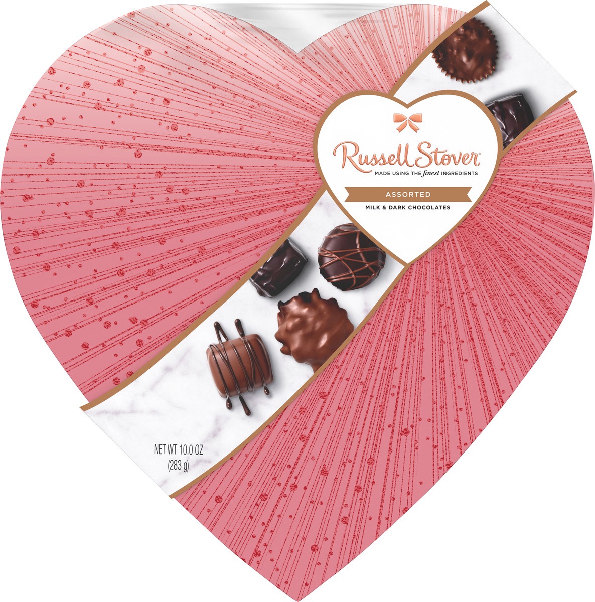 slide 11 of 11, RUSSELL STOVER Valentine's Day Rose Gold Assorted Milk & Dark Chocolates Heart Gift Box, 10 oz. (17 pieces), 10 oz