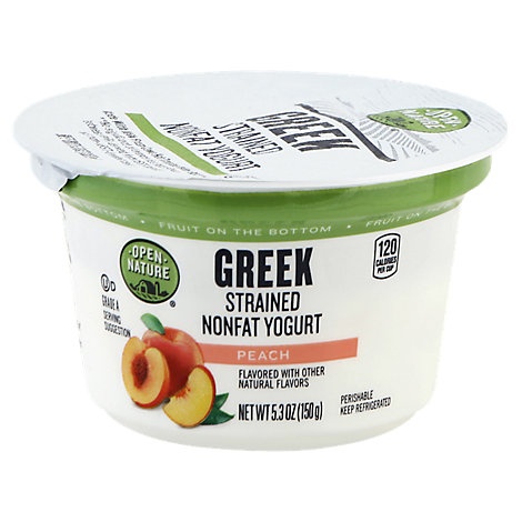 slide 1 of 1, Open Nature Yogurt Greek Nonfat Strained Fruit On The Bottom Peach, 5.3 oz