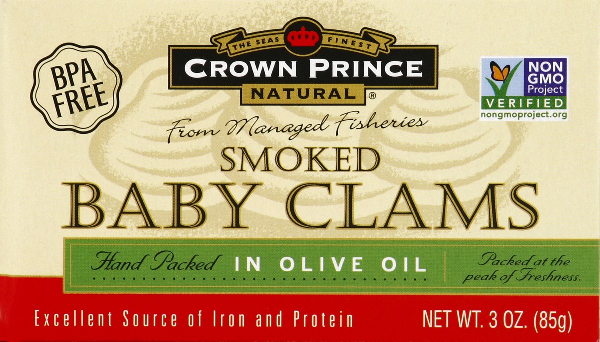 slide 4 of 4, Crown Prince Smoked Baby Clams In Olive Oil, 3 oz
