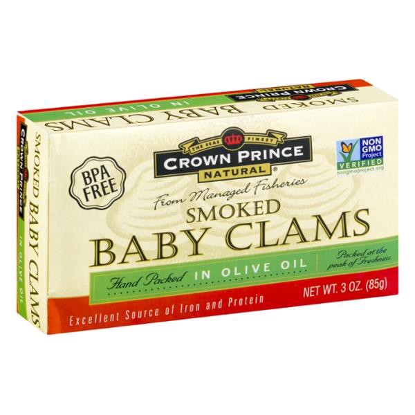 slide 1 of 4, Crown Prince Smoked Baby Clams In Olive Oil, 3 oz