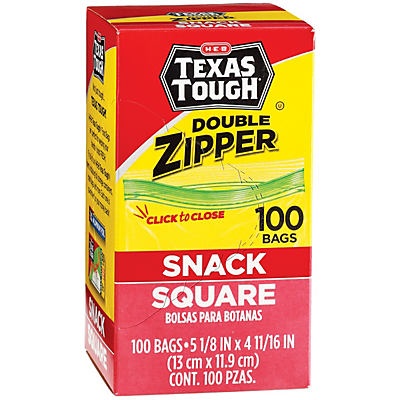 slide 1 of 1, H-E-B Texas Tough Double Zipper Square Snack Bags, 100 ct