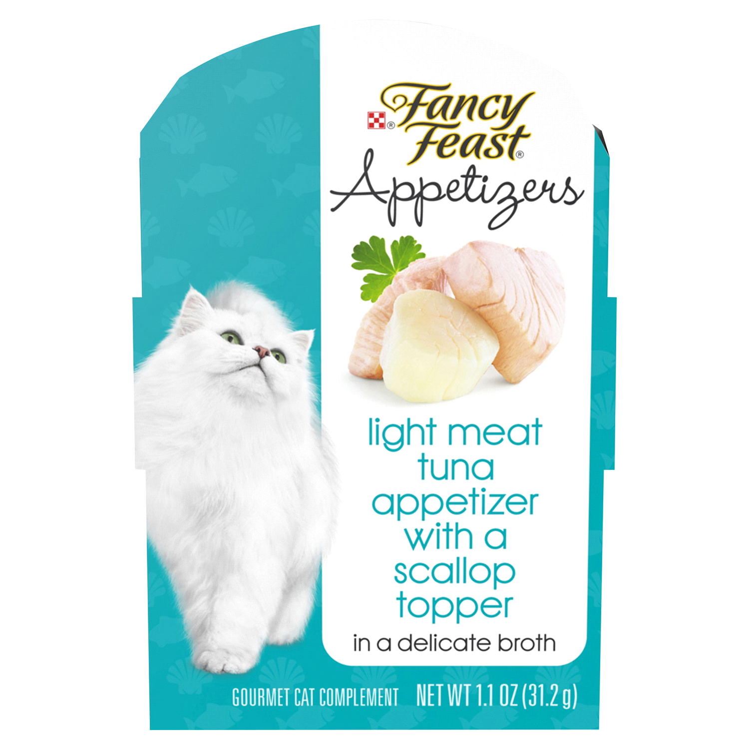 slide 1 of 5, Fancy Feast Purina Fancy Feast Appetizers Lickable Grain Free Wet Cat Food Topper Light Meat Tuna Appetizer with Scallop - 1.1 oz. Tray, 1.1 oz