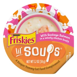 Friskies Purina Friskies Grain Free Lickable Cat Food Toppers Lil’ Soups With Sockeye Salmon in Chicken Broth - 1.2 oz. Cup
