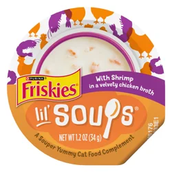 Friskies Purina Friskies Grain Free Lickable Cat Food Toppers Lil’ Soups With Shrimp in a Velvety Chicken Broth - 1.2 oz. Cup