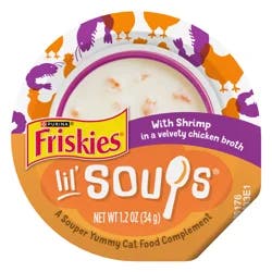Friskies Purina Friskies Grain Free Lickable Cat Food Toppers Lil’ Soups With Shrimp in a Velvety Chicken Broth - 1.2 oz. Cup