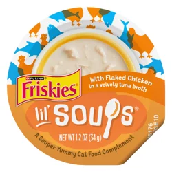 Friskies Purina Friskies Natural, Grain Free Wet Cat Food Lickable Cat Treats, Lil' Soups Flaked Chicken - 1.2 oz. Tub
