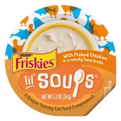 Friskies Purina Friskies Natural, Grain Free Wet Cat Food Lickable Cat Treats, Lil' Soups Flaked Chicken - 1.2 oz. Tub