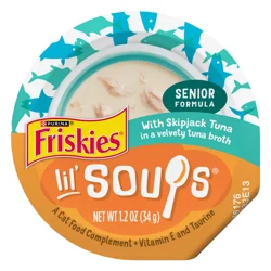 Friskies Purina Friskies Grain Free Senior Lickable Cat Food Toppers Lil’ Soups With Skipjack Tuna in a Velvety Tuna Broth - 1.2 oz. Cup