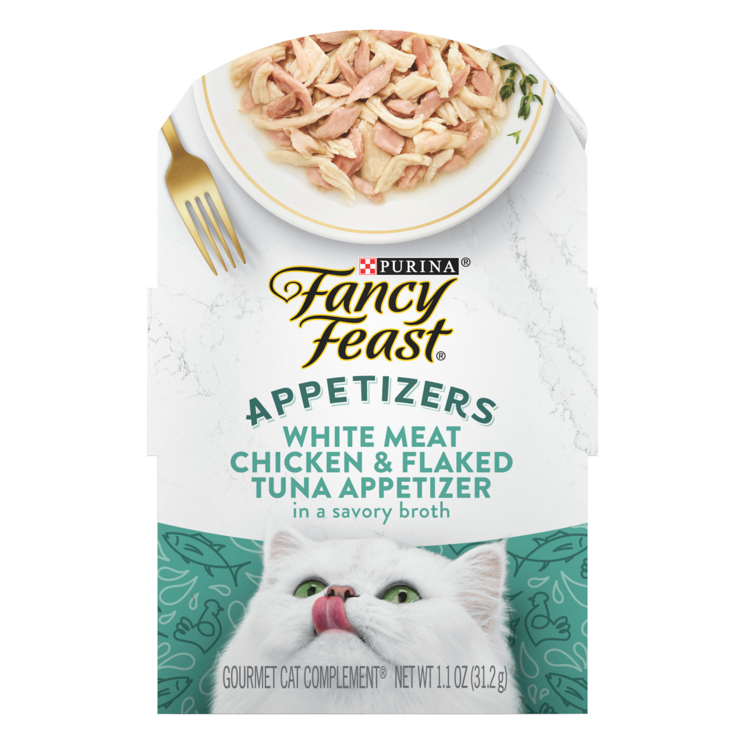 slide 1 of 5, Fancy Feast Purina Fancy Feast Appetizers Lickable Grain Free Wet Cat Food Topper White Meat Chicken and Flaked Tuna Appetizer - 1.1 oz. Tray, 1.1 oz