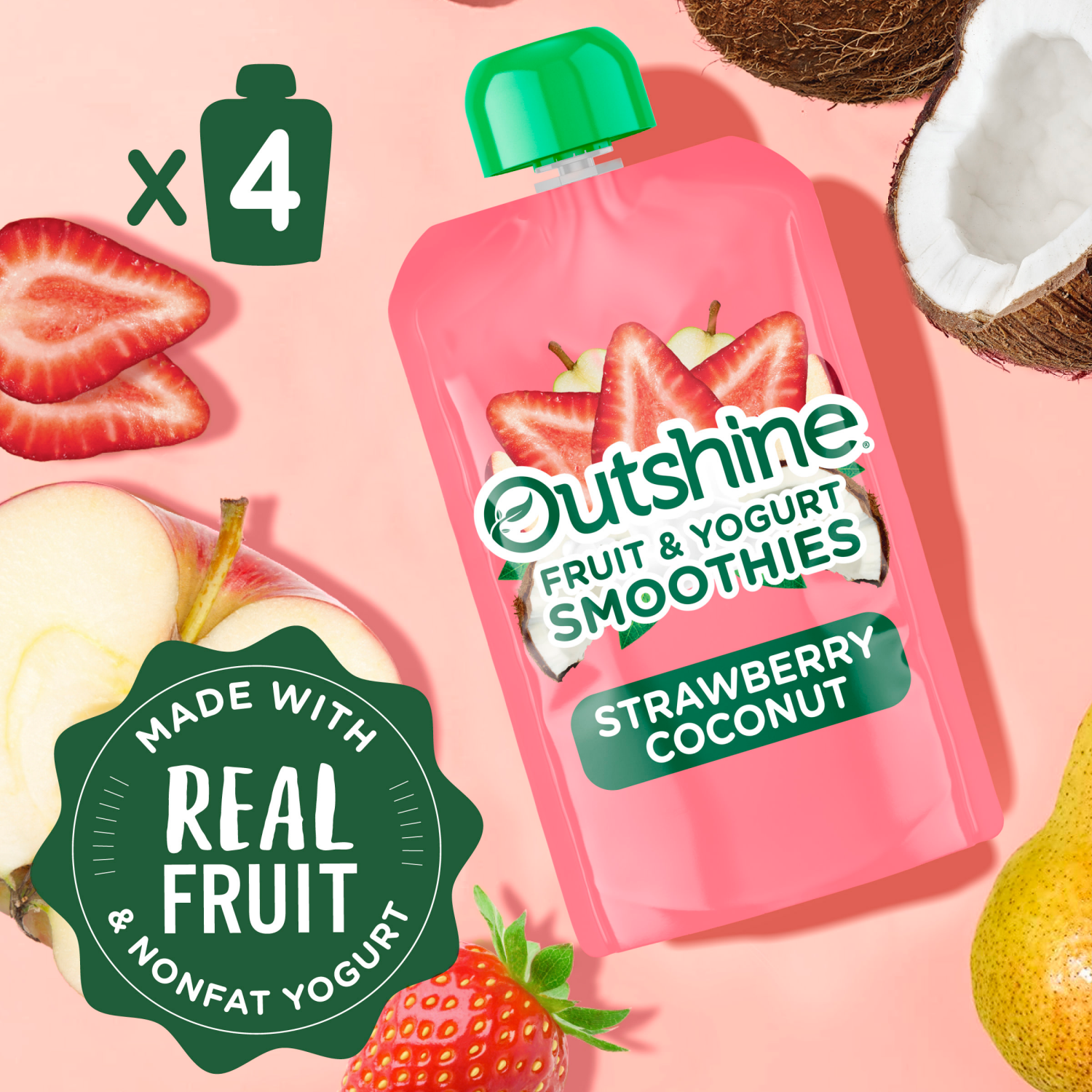 slide 2 of 5, Outshine Fruit & Yogurt Smoothie Strawberry Coconut, 4-Pack of 3.5oz Fruit & Yogurt Pouches, 4 ct