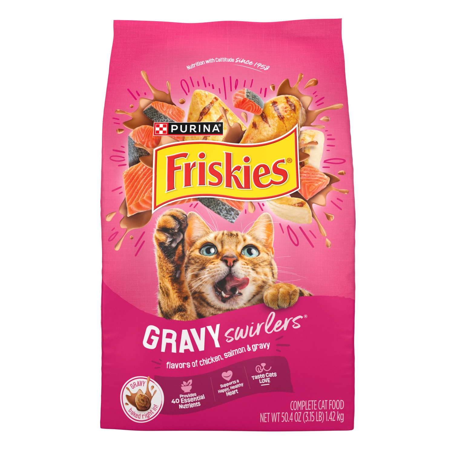 slide 1 of 8, Purina Friskies Dry Cat Food Gravy Swirl'd With Flavors of Chicken, Salmon and Gravy, 50.4 oz