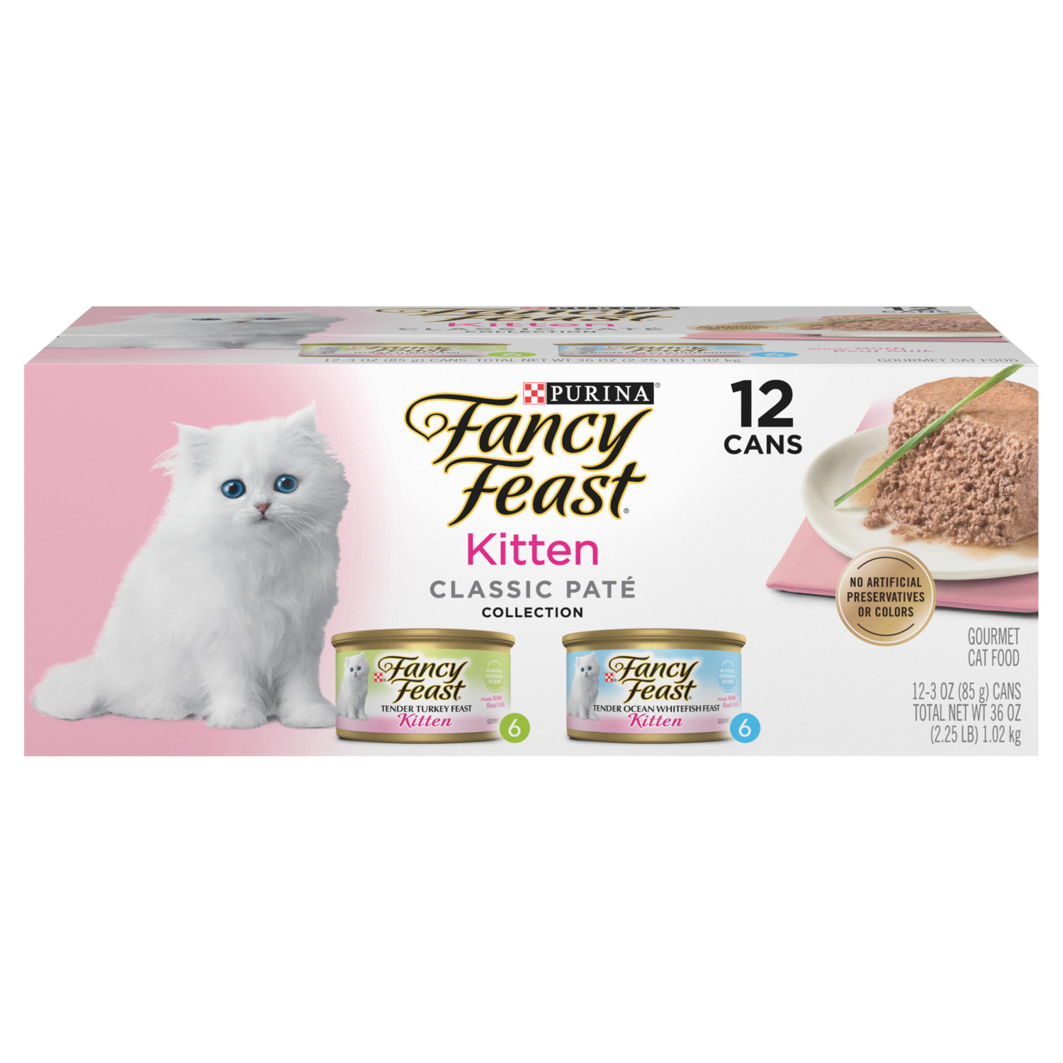 slide 1 of 8, Fancy Feast Purina Fancy Feast Grain Free Pate Wet Kitten Food Variety Pack, Kitten Classic Pate Collection Turkey & Whitefish - (12) 3 oz. Cans, 2.25 lb