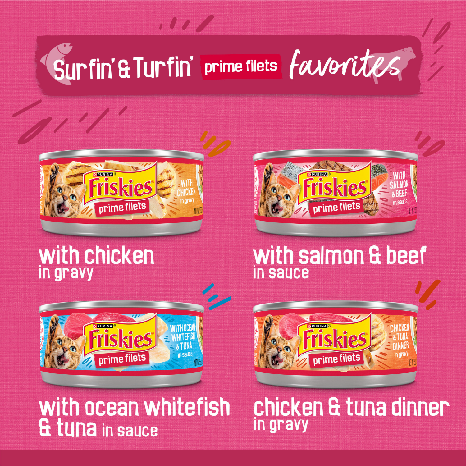 slide 3 of 5, Friskies Purina Friskies Wet Cat Food Variety Pack, Surfin' & Turfin' Prime Filets Favorites - (40) 5.5 oz. Cans, 40 ct; 5.5 oz