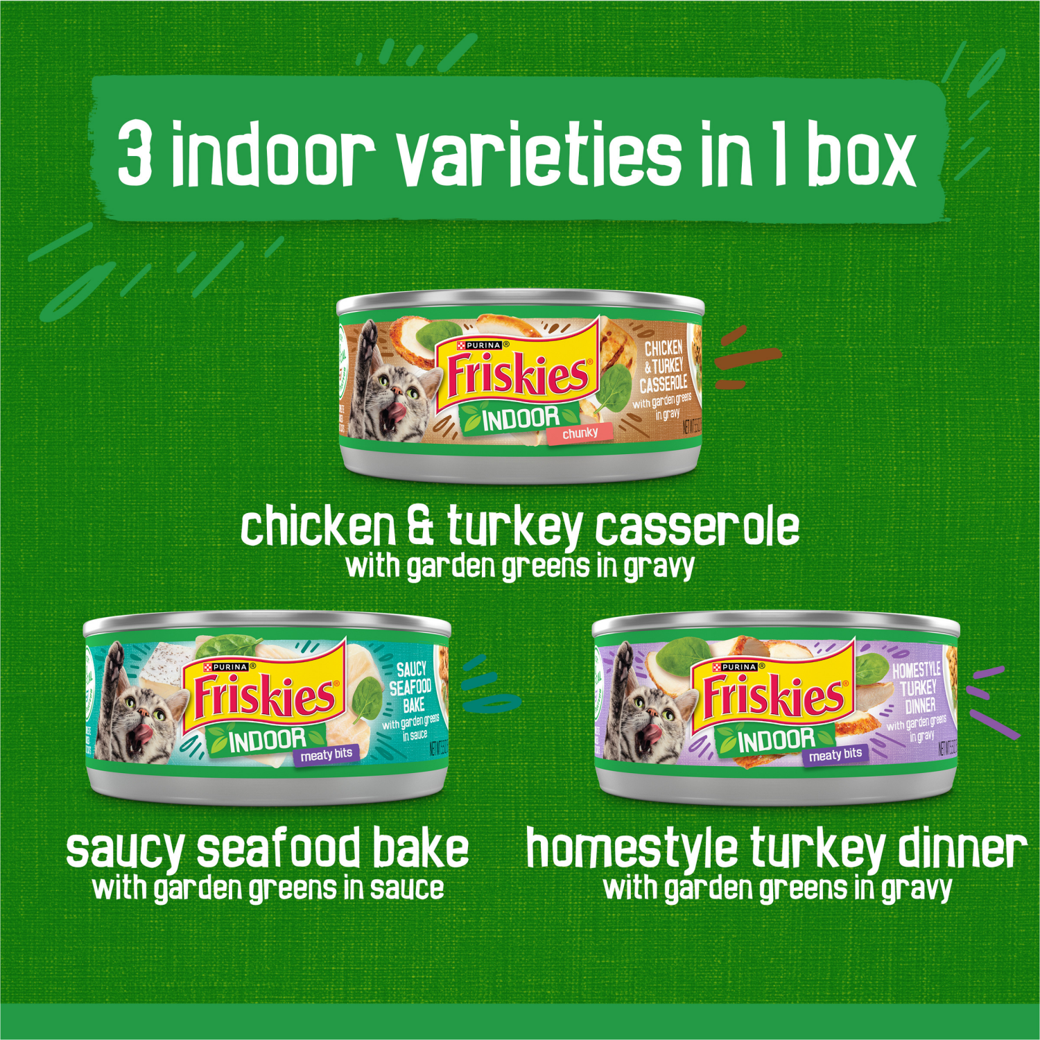 slide 4 of 8, Friskies Purina Friskies Indoor Cat Food 24ct VP - (Chicken and Turkey Casserole, Saucy Seafood Bake, Homestyle Turkey Dinner) - (24) 5.5 oz. Cans, 24 ct