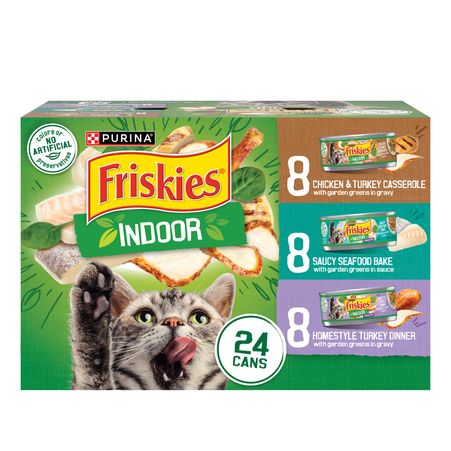 slide 1 of 8, Friskies Purina Friskies Indoor Cat Food 24ct VP - (Chicken and Turkey Casserole, Saucy Seafood Bake, Homestyle Turkey Dinner) - (24) 5.5 oz. Cans, 24 ct
