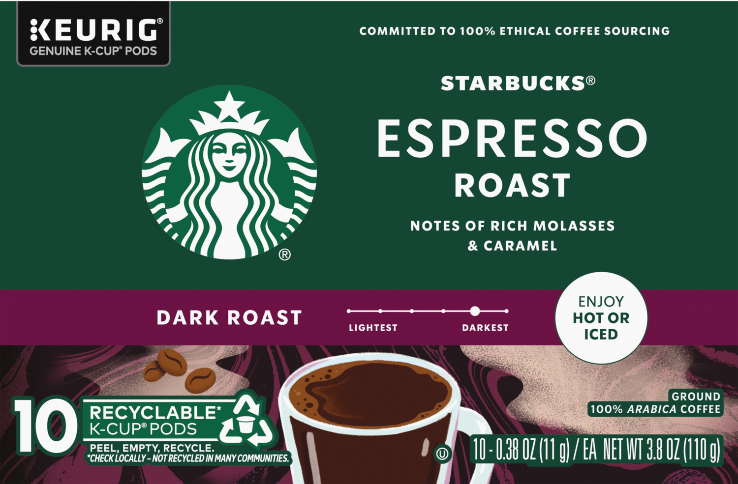 slide 1 of 1, Starbucks Dark Roast Ground 100% Arabica Espresso Roast Coffee 10 - 0.38 oz K-Cup Pods, 10 ct