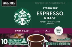 Starbucks Dark Roast Ground 100% Arabica Espresso Roast Coffee 10 - 0.38 oz K-Cup Pods