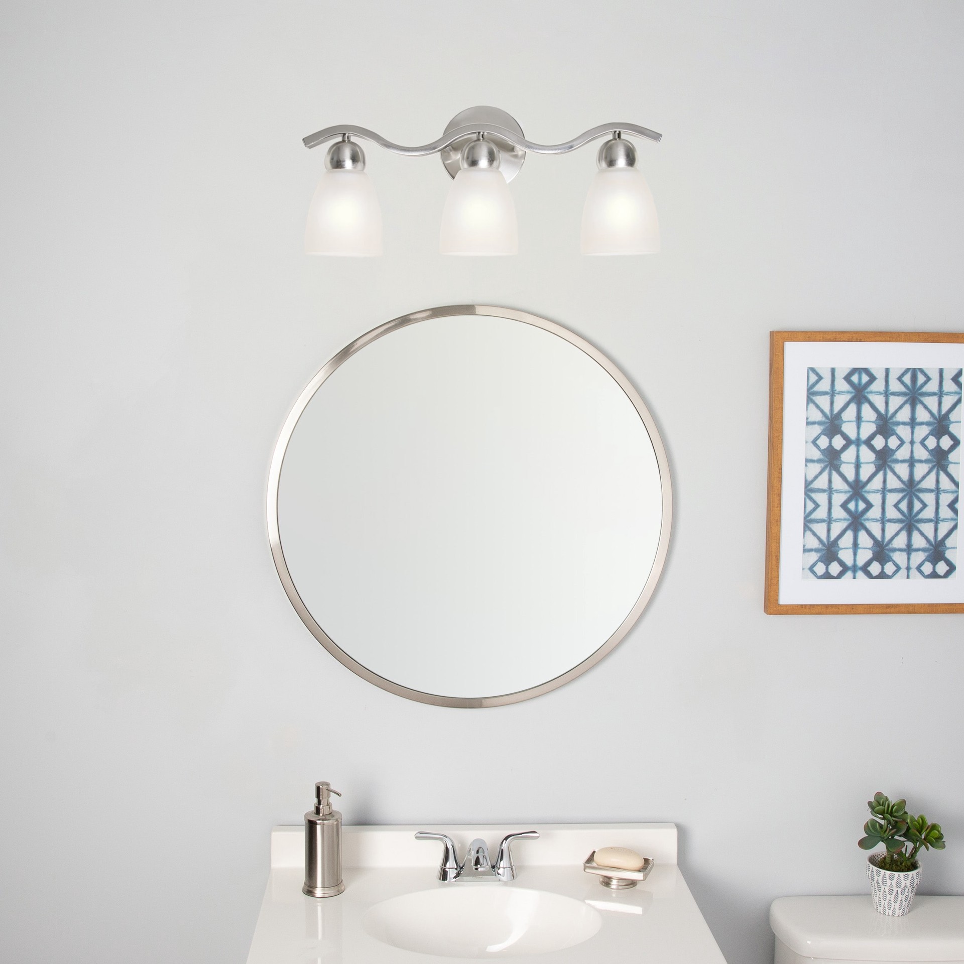 slide 4 of 6, allen + roth Paces 19.2-in 3 -Light Brushed Nickel Modern/contemporary Vanity light, 1 ct