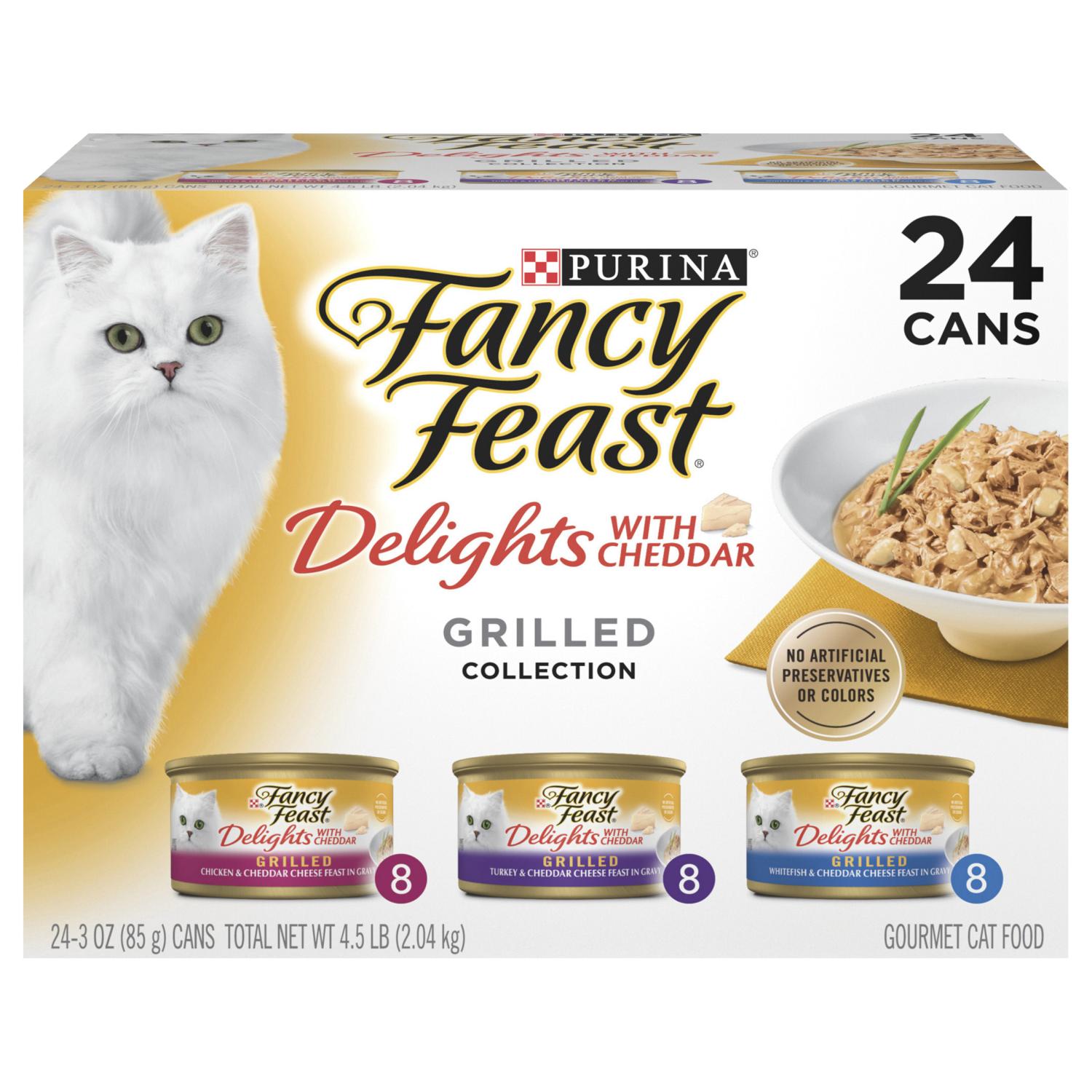 slide 1 of 8, Fancy Feast Purina Fancy Feast Delights with Cheddar Grilled Chicken, Turkey or Whitefish and Cheddar Cheese Feast in Gravy Wet Cat Food Variety Pack - (24) 3 oz. Cans, 24 ct