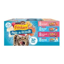 Friskies Purina Friskies Wet Cat Food Variety Pack, Fish-A-Licious Shreds, Prime Filets & Tasty Treasures - (32) 5.5 oz. Cans