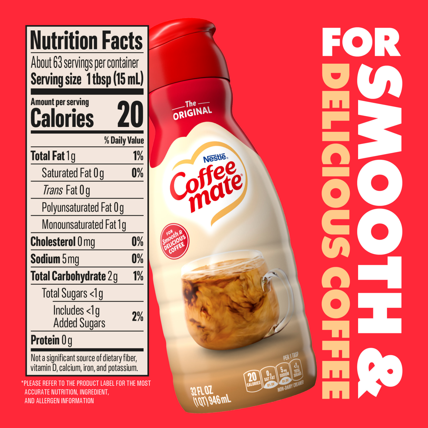 slide 5 of 8, Coffee-Mate Coffee mate Original Flavored Coffee Creamer, Non-Dairy, Gluten-Free, 63 Servings, 32 fl oz