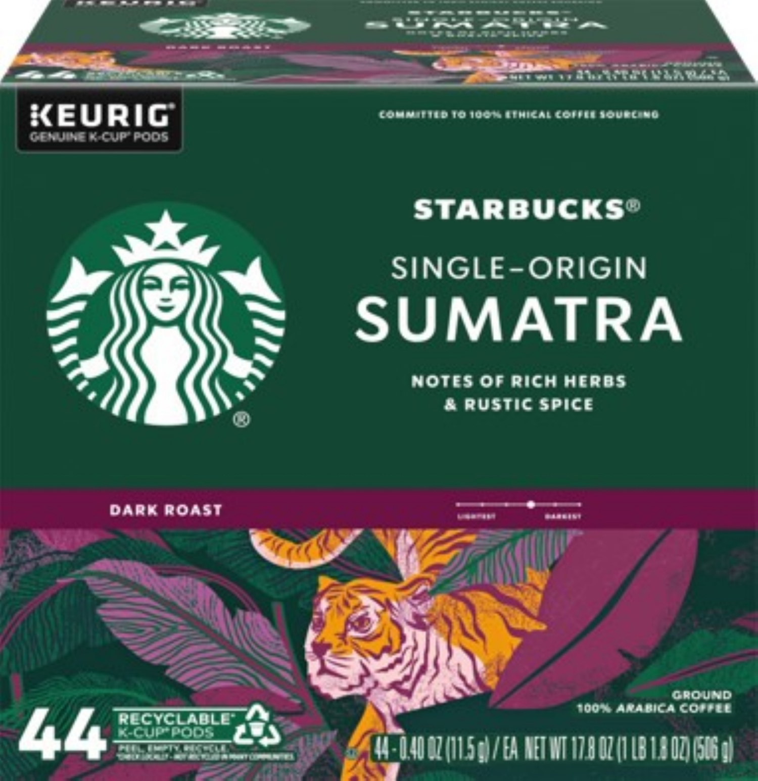 slide 1 of 1, Starbucks K-Cup Coffee Pods—Dark Roast Coffee—Sumatra—100% Arabica—1 box (44 pods), 44 ct