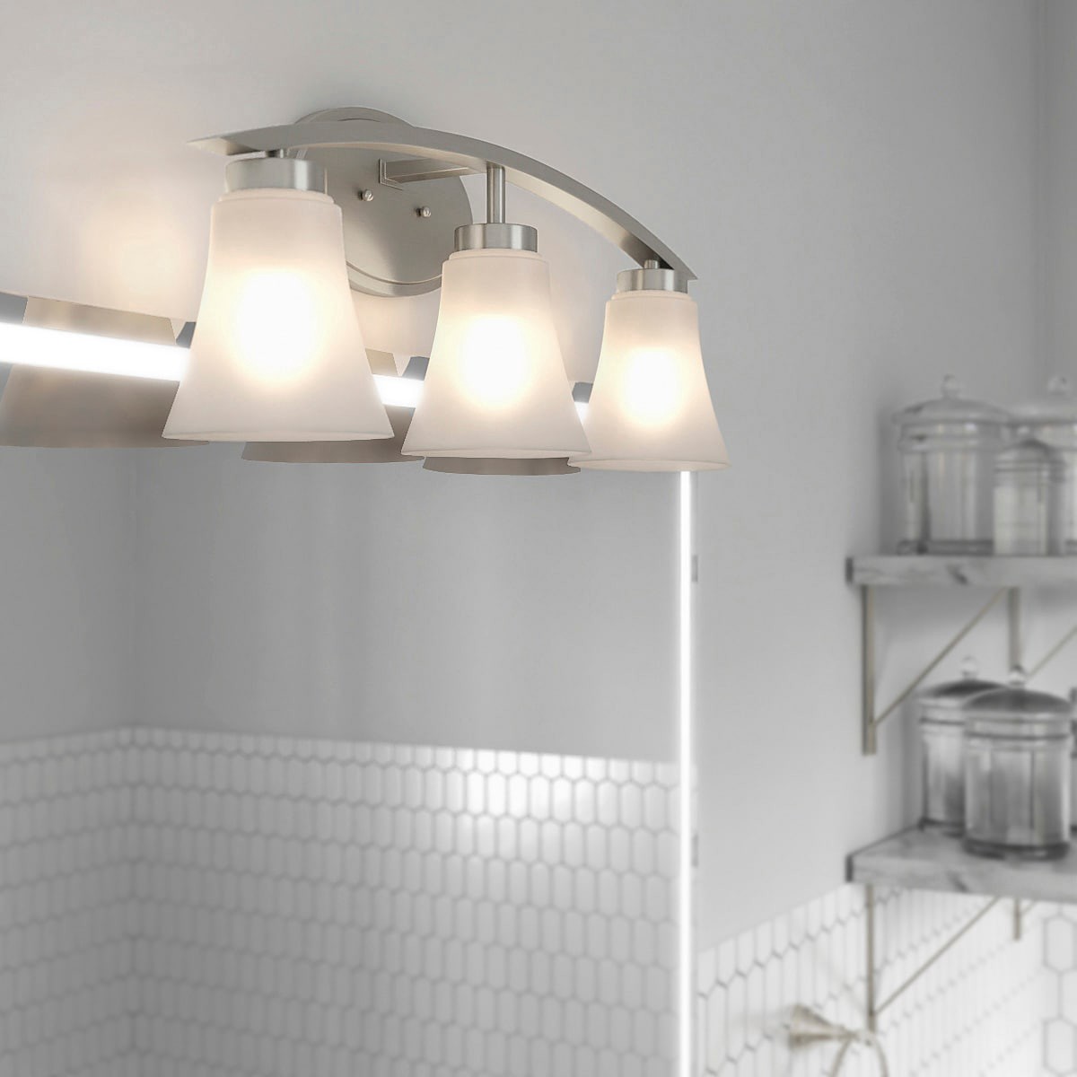 slide 2 of 6, allen + roth Lyndsay 22.7-in 3 -Light Satin Nickel Modern/contemporary Vanity light, 1 ct