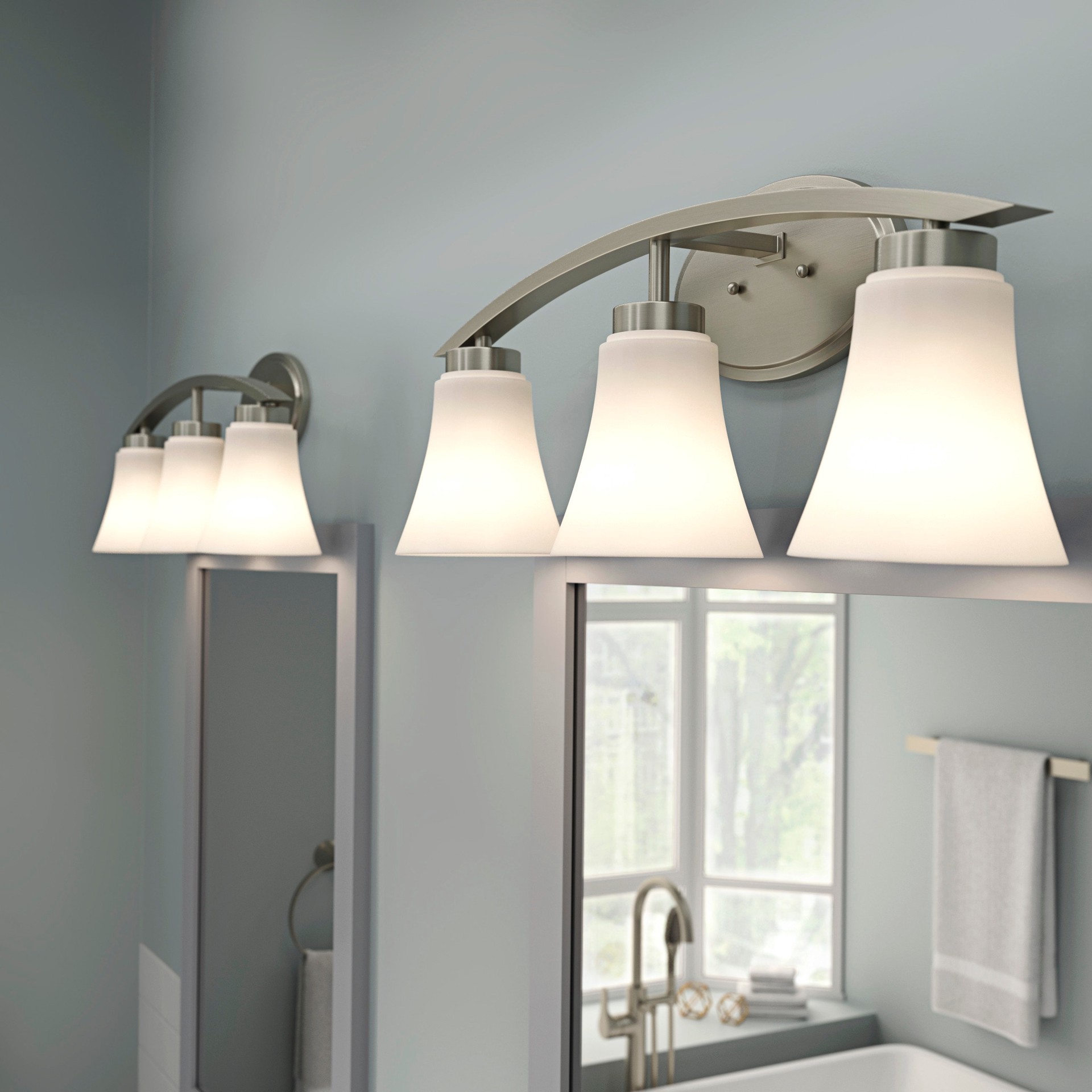 slide 4 of 6, allen + roth Lyndsay 22.7-in 3 -Light Satin Nickel Modern/contemporary Vanity light, 1 ct