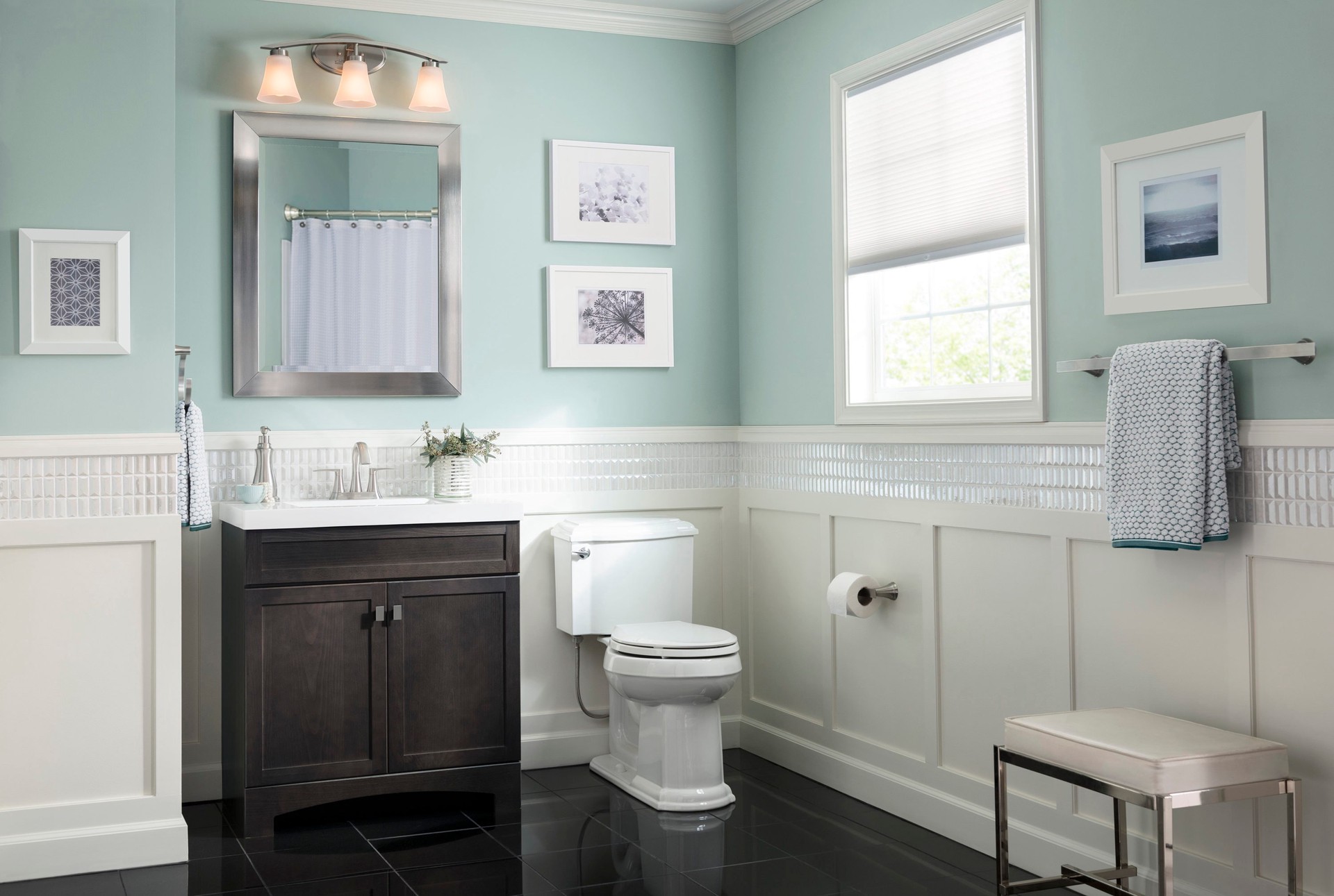 slide 6 of 6, allen + roth Lyndsay 22.7-in 3 -Light Satin Nickel Modern/contemporary Vanity light, 1 ct