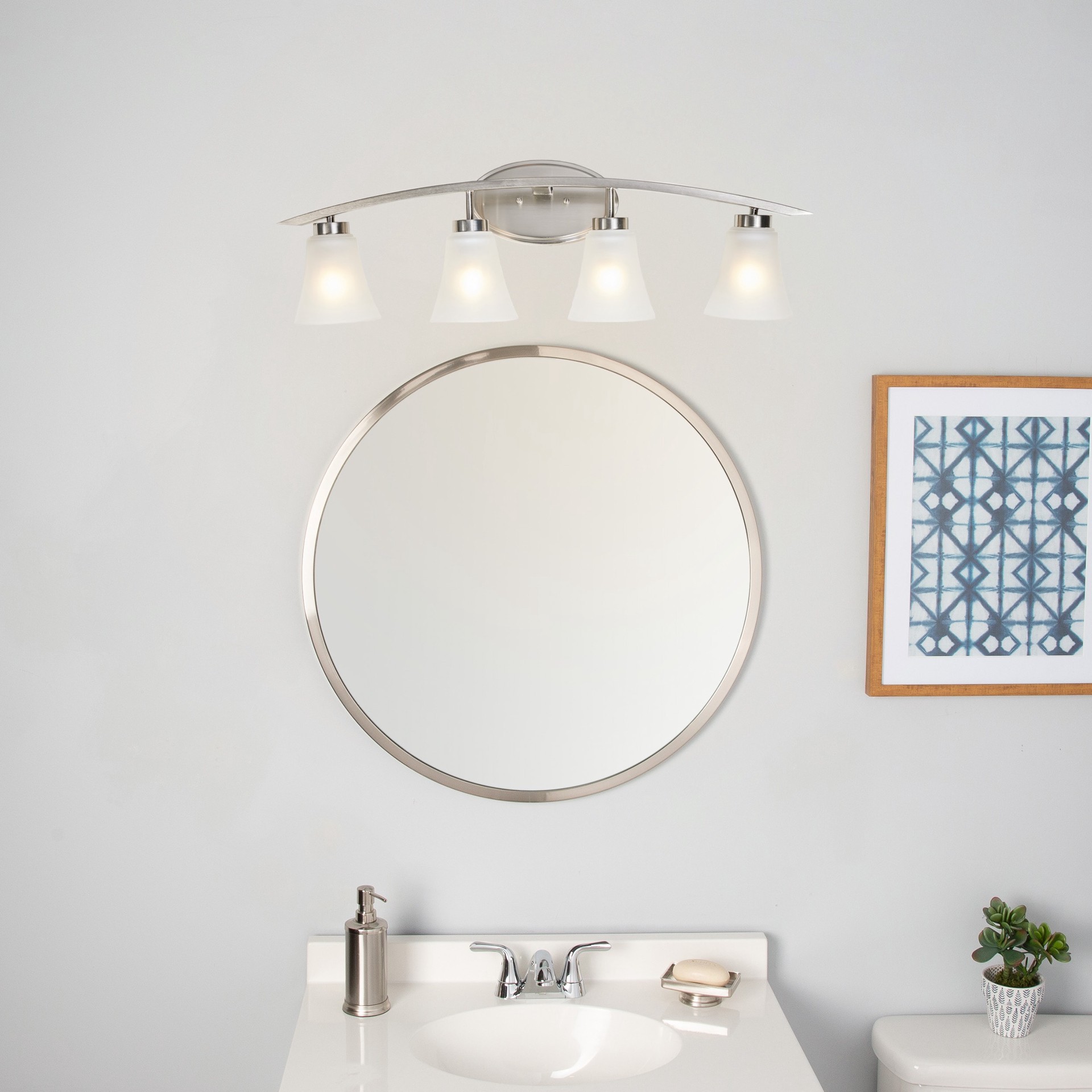 slide 4 of 6, allen + roth Lyndsay 29.7-in 4 -Light Satin Nickel Transitional Vanity light, 1 ct