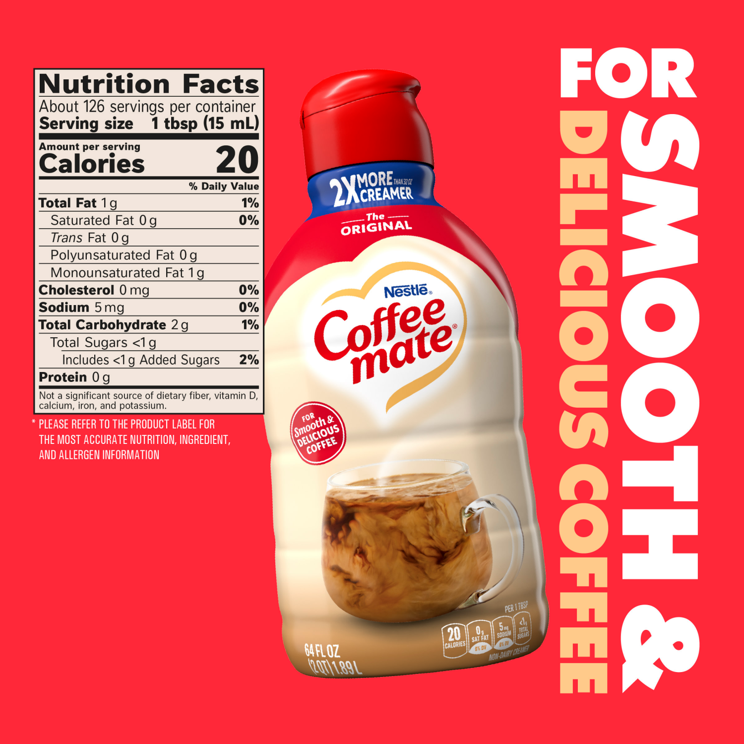 slide 5 of 8, Coffee-Mate Coffee mate Original Flavored Coffee Creamer, Non-Dairy, Gluten-Free, 126 Servings, 64 fl oz