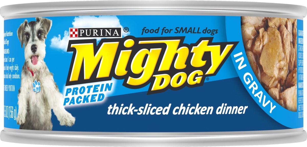 slide 3 of 6, Purina Mighty Dog Thick-Sliced Chicken Dinner in Gravy Dog Food, 5.5 oz