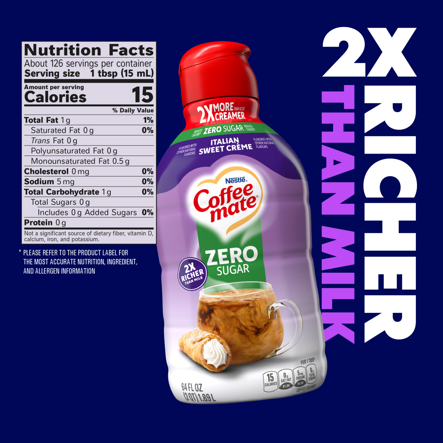 slide 3 of 5, Coffee-Mate Nestle Coffee Mate Zero Sugar Italian Sweet Creme Liquid Coffee Creamer 64 fl oz., 64 fl oz