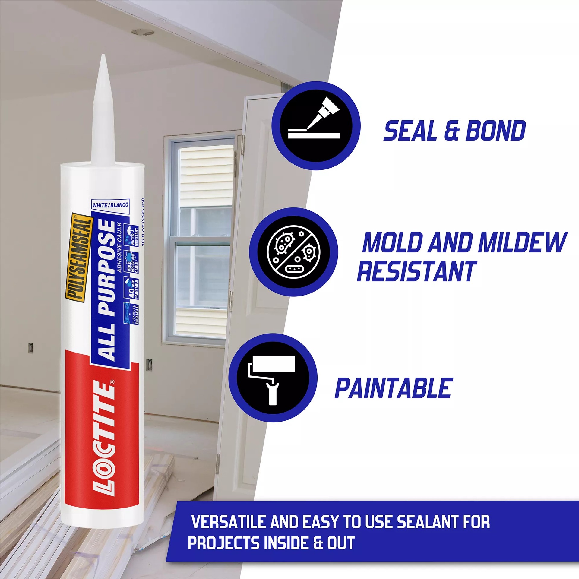 slide 6 of 6, LOCTITE Polyseamseal All Purpose 10-oz Paint and Trim Clear Paintable Latex Caulk, 1 ct