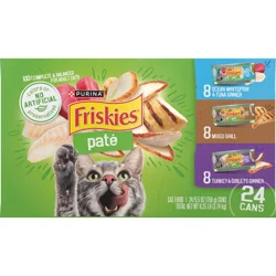 Friskies Purina Friskies Wet Cat Food Pate Variety Pack, Ocean Whitefish and Tuna, Mixed Grill and Turkey and Giblets Dinners - (24) 5.5 oz. Cans