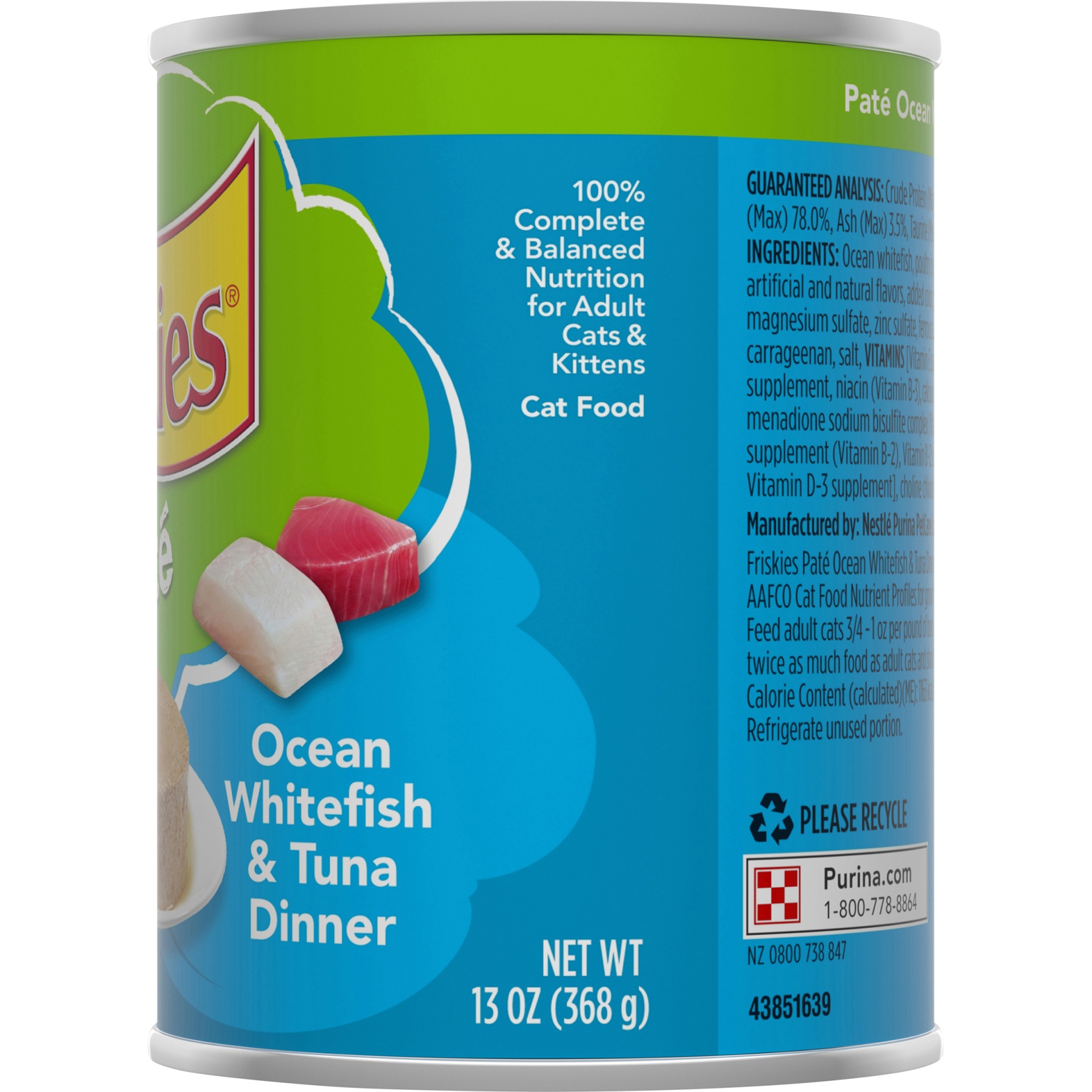 slide 7 of 7, Purina Friskies Pat Ocean Whitefish & Tuna Dinner Cat Food, 13 oz