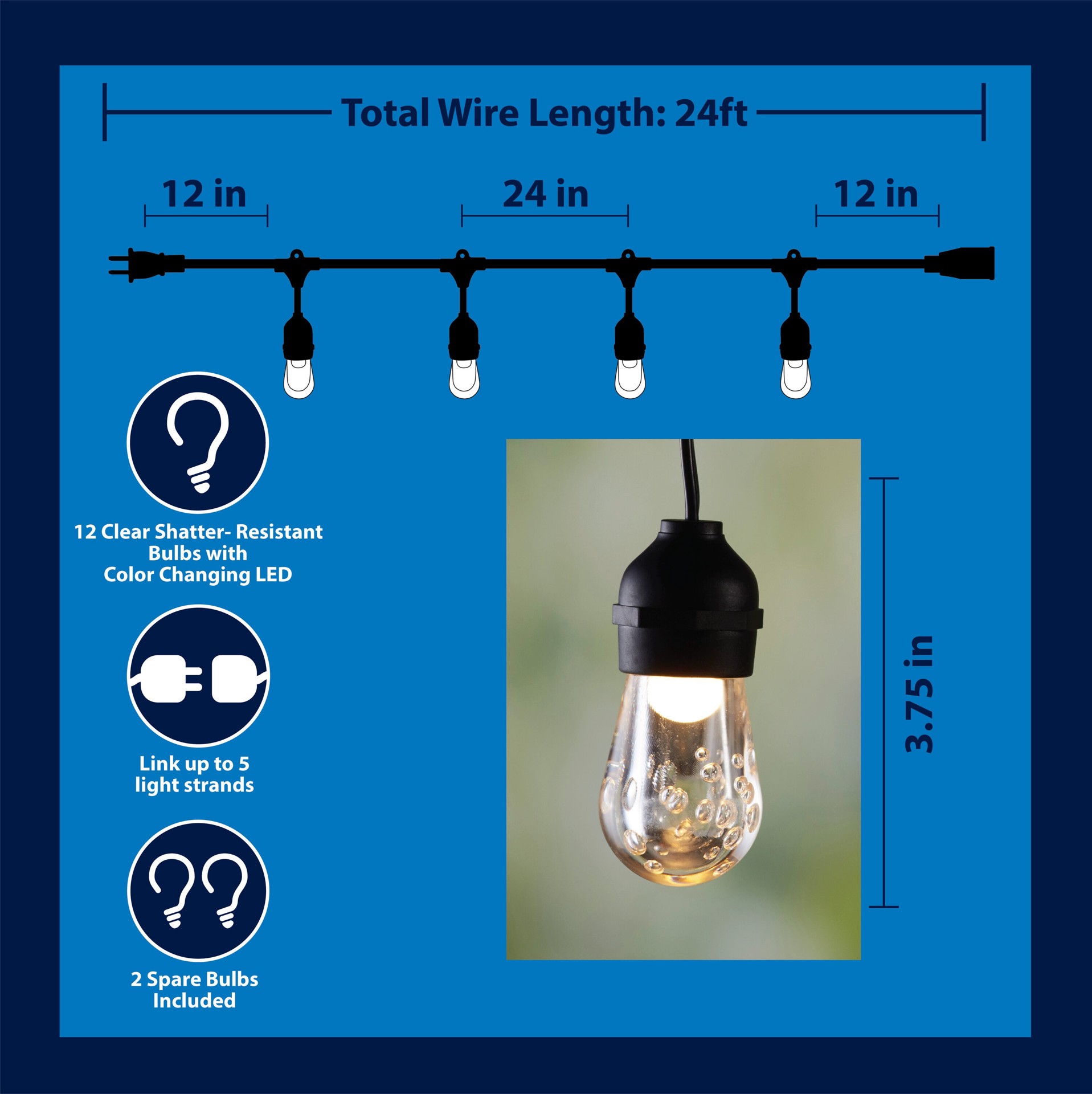 slide 4 of 6, Harbor Breeze 24-ft Plug-in Black/multi Outdoor String Light with 12 Color changing -Light LED Novelty Bulbs, 1 ct