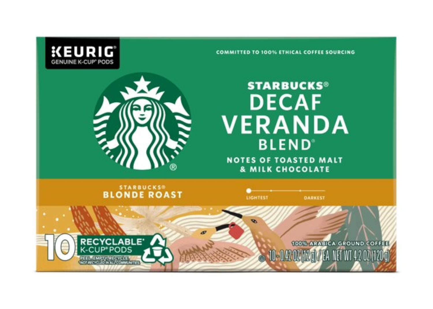 slide 1 of 1, Starbucks K-Cup Pods Decaffeinated Blonde Roast Ground 100% Arabica Decaf Veranda Blend Coffee 10 - 0.42 oz Pods, 10 ct
