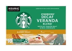 Starbucks K-Cup Pods Decaffeinated Blonde Roast Ground 100% Arabica Decaf Veranda Blend Coffee 10 - 0.42 oz Pods