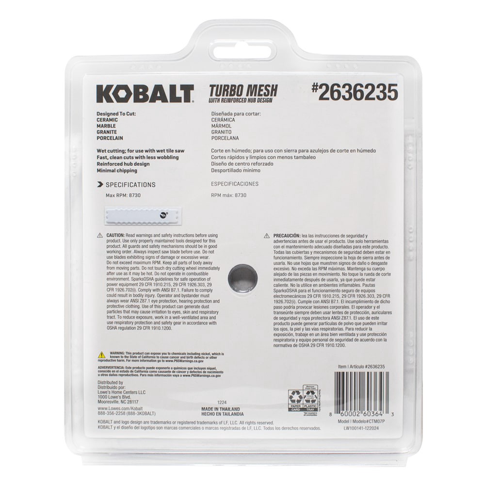 slide 5 of 6, Kobalt CTM07P 7-in Wet Turbo Rim Diamond Saw Blade, 1 ct