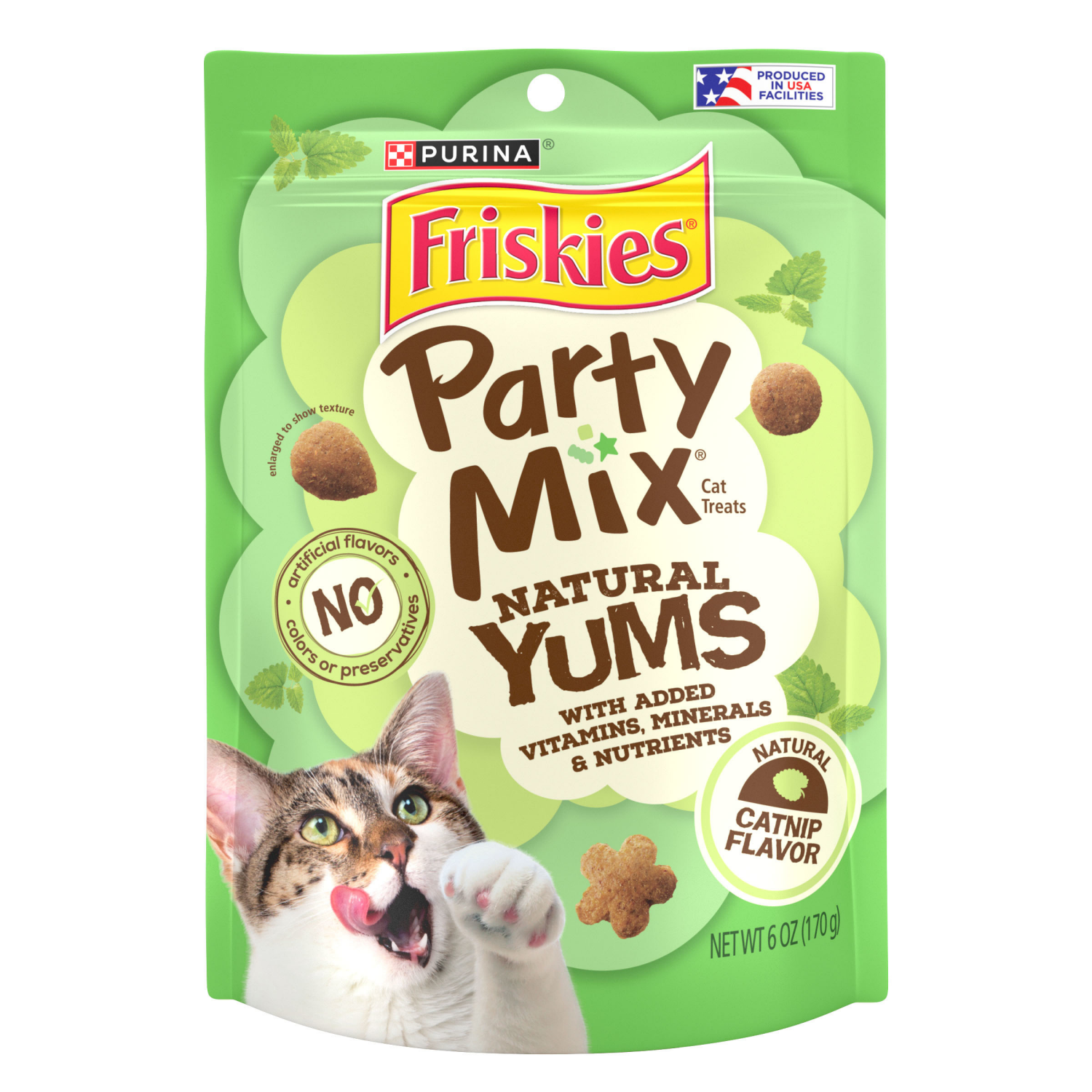 slide 1 of 8, Friskies Purina Friskies Made in USA Facilities, Natural Cat Treats, Party Mix Natural Yums Catnip Flavor - 6 oz. Pouch, 6 oz