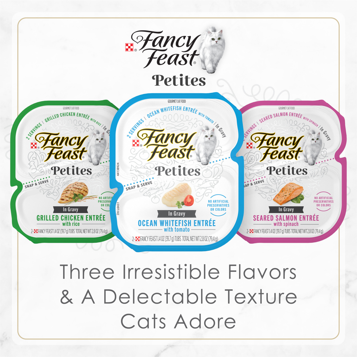 slide 5 of 5, Fancy Feast Purina Fancy Feast Gourmet Wet Cat Food Variety Pack, Petites Gravy Collection, break-apart tubs, 48 servings - (24) 2.8 oz. Tubs, 24 ct