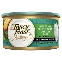 Fancy Feast Purina Fancy Feast Wet Cat Food Medleys Shredded White Meat Chicken Fare With Spinach in Savory Cat Food Broth - 3 oz. Can